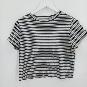 H&M Divided Womens Size XL Striped Ribbed Knit Short Sleeve Crop Top Black White